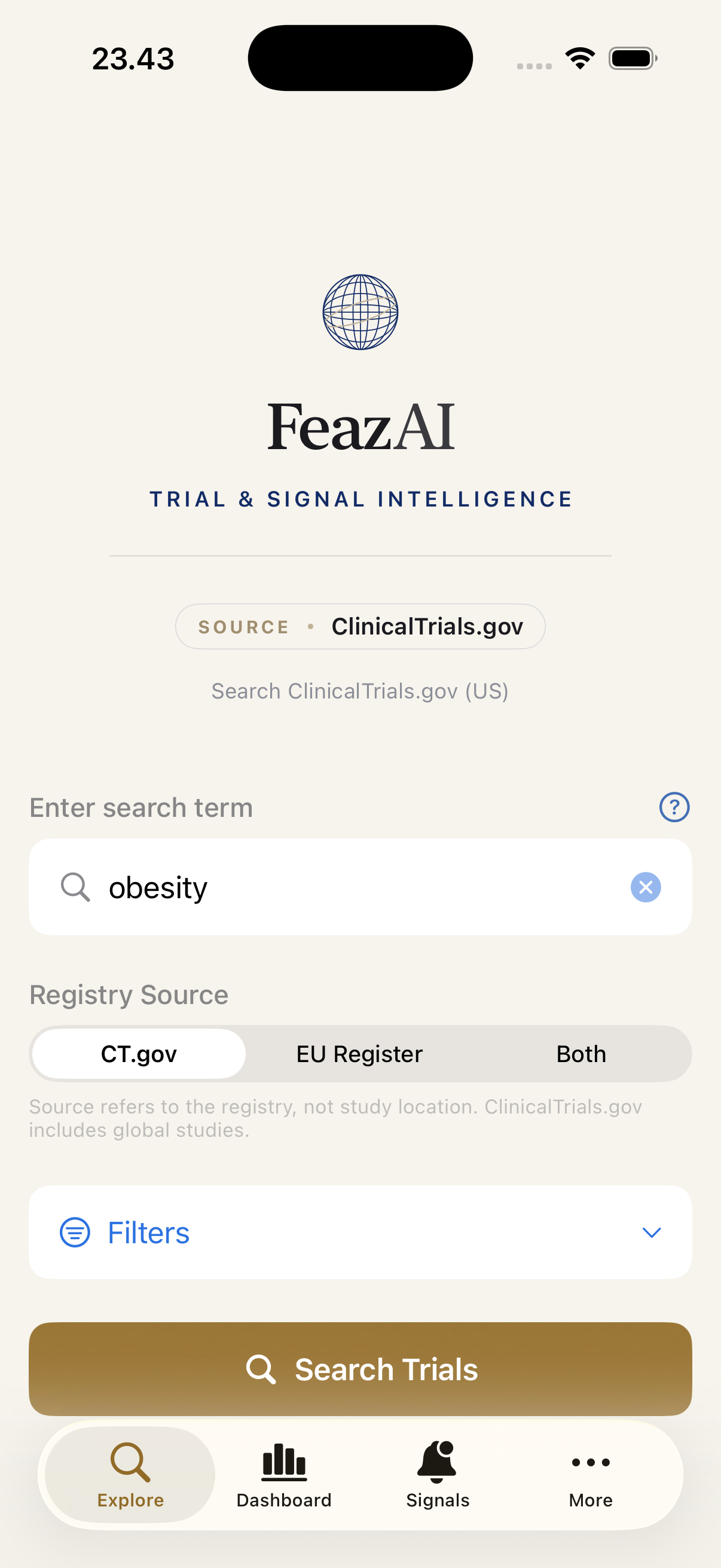 Explore — search public trial registries